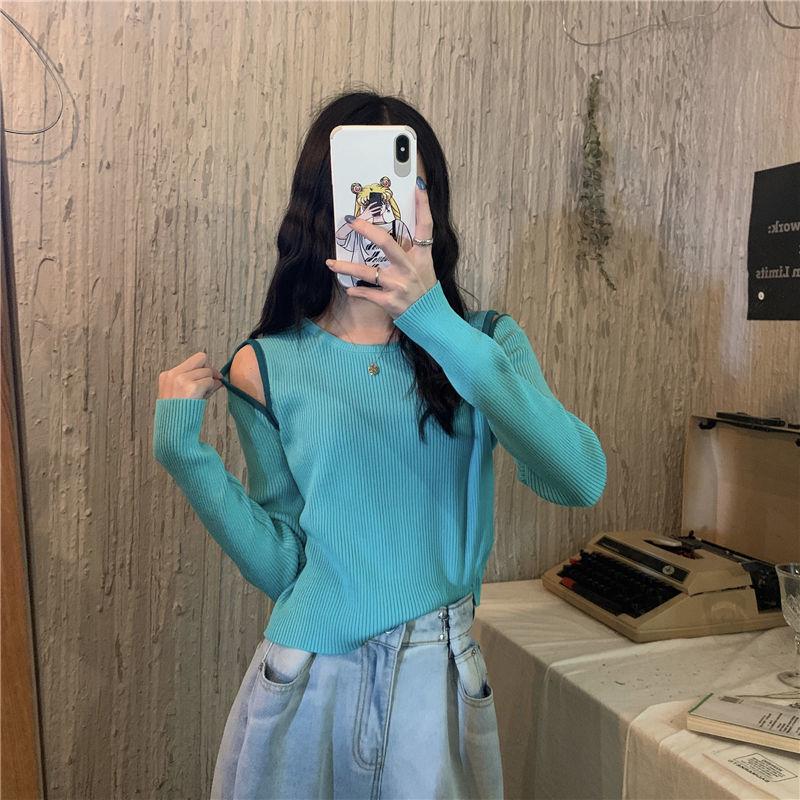 

Осень Зима Вязаный Базовый Слой Свитер Дизайнерский Нишевый Оригинальный Вязаный Топ с Открытыми Плечами Женская Одежда S синий