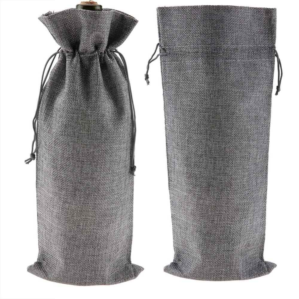 12pcs Grey Wine Drawstring Bag Linen Burlap Wine Bag Wine Bottle Gift Bag Wedding Favors серый
