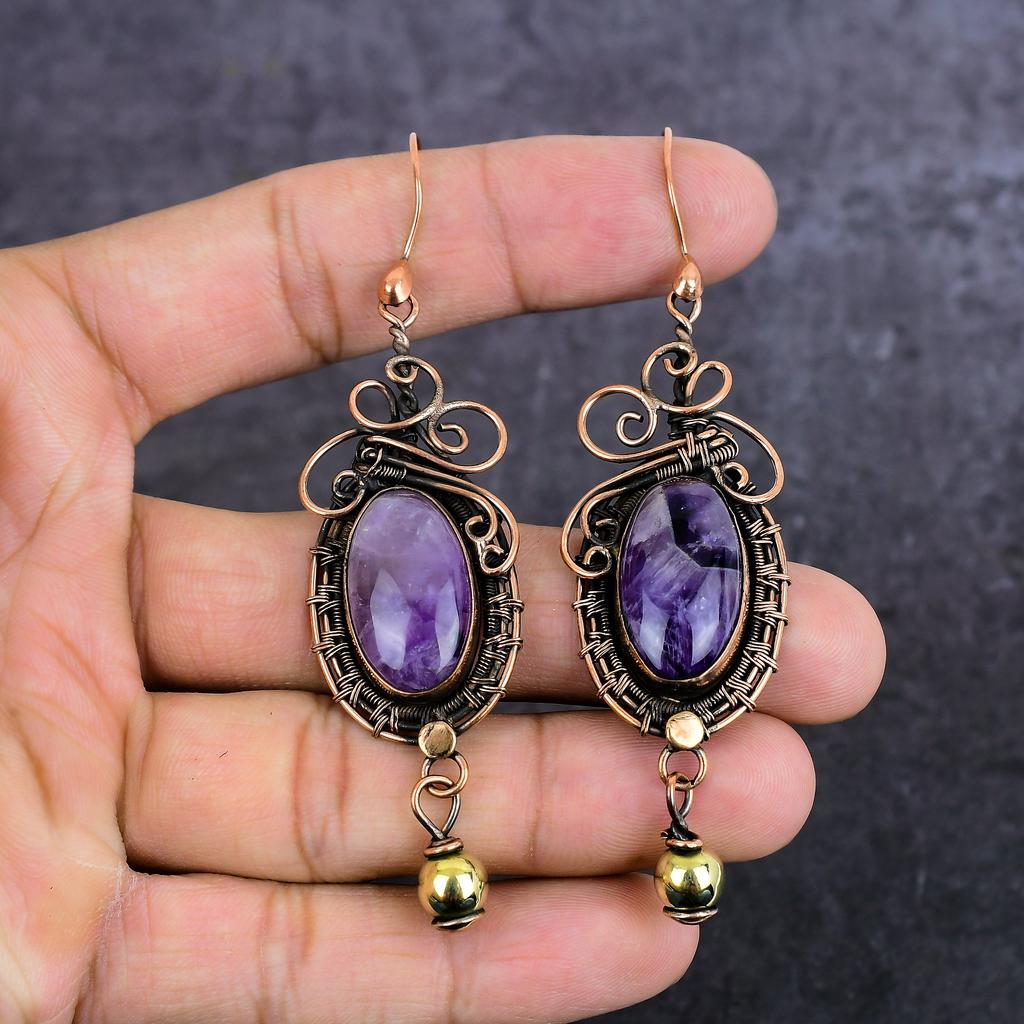 Natural Sage Amethyst Gemstone Copper Wire Wrap Jewelry Earring 3.55" t3O33