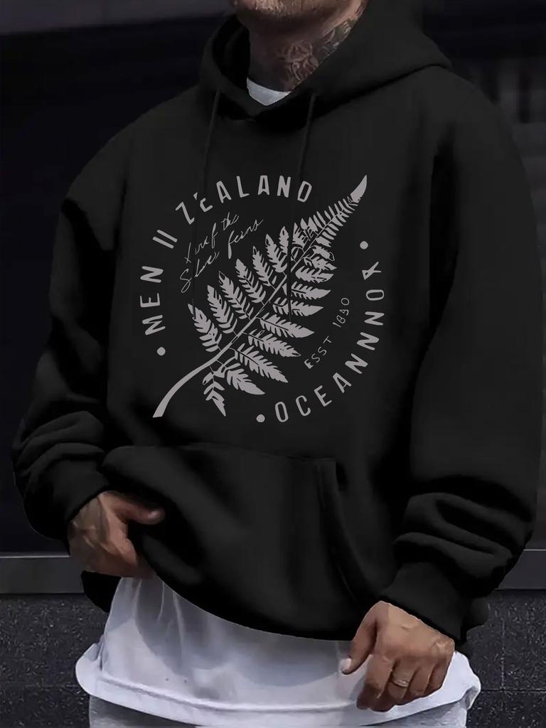 New Zealand Fern Leaf Vintage Print Hooded Sweatshirt, Regional Natural Style, Simple and Fresh, an Artistic Everyday Casual Top
