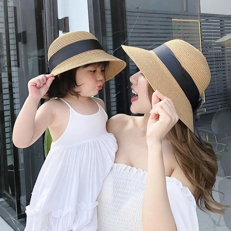 2pcs Summer Sun Protection Hat for Mother&Kids Travel Sunscreen Sun Hat Straw Hat Children's Korean Version Girls Beach Dome Hat