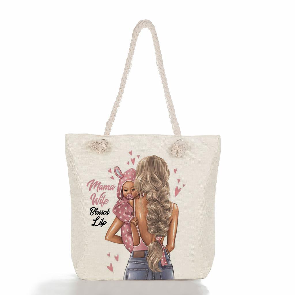 Multifunctional Mom Series Printed Thick Rope Shoulder Beach Bag Casual Large Capacity Handbag 7617