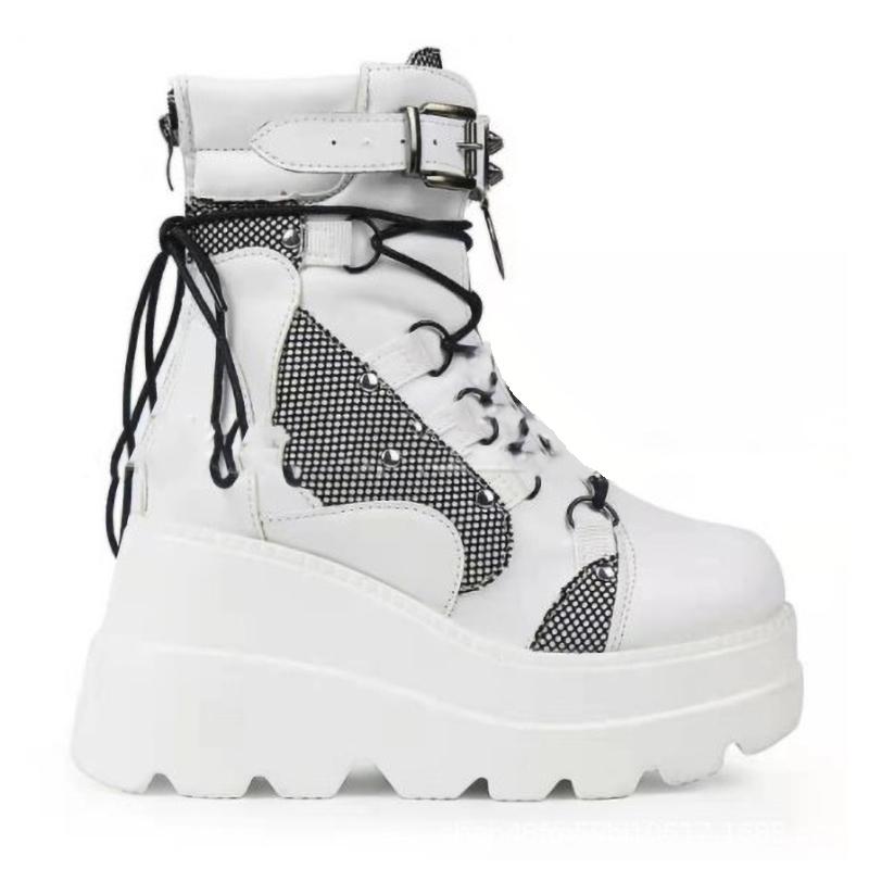 

Women Punk Gothic Motorcycle Boots Platform Chunky High Heel Ankle Boot Ladies Cool Wedge Black Shoes 42EU/CN43 білий