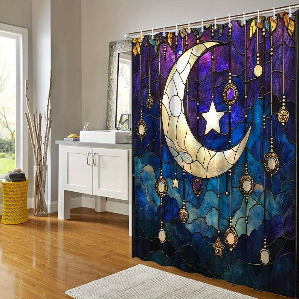 Dreamy Starry Night Moon and Stars Stained Glass Style Waterproof Shower Curtain for Bathroom Decor, Modern Art Design