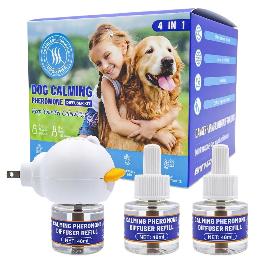 Hond Kalmerende Feromoon Diffuser Kit 4-in-1 Bevat Diffuser Stekker en Drie Navulflesjes voor Huisdieren Angstverlichting en Stressvermindering