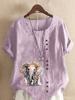 Women's Fashion Elephant Print Casual Cotton Linen Short Sleeve Round Neck T-shirt Shirt Leisure Loose Summer Blouse Tops