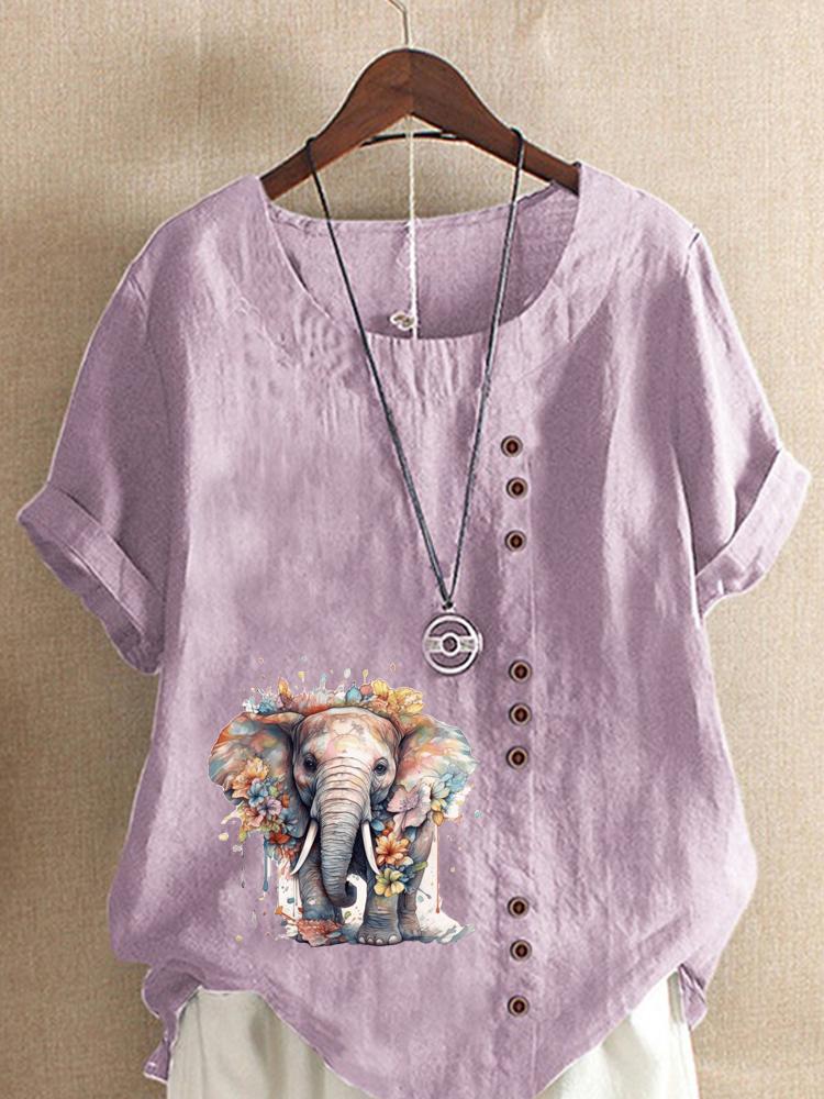 Women's Fashion Elephant Print Casual Cotton Linen Short Sleeve Round Neck T-shirt Shirt Leisure Loose Summer Blouse Tops