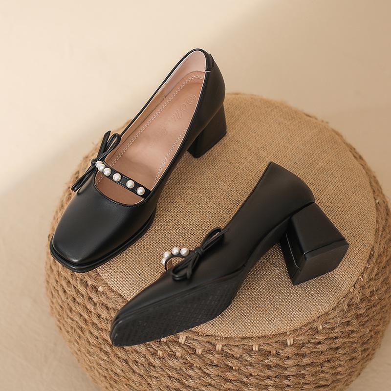 

Повседневные туфли Мэри Джейн женские летние с бантом ретро на высоком толстом каблуке с квадратным носком одинарные туфли маленькие кожаные туфли 40 чёрный