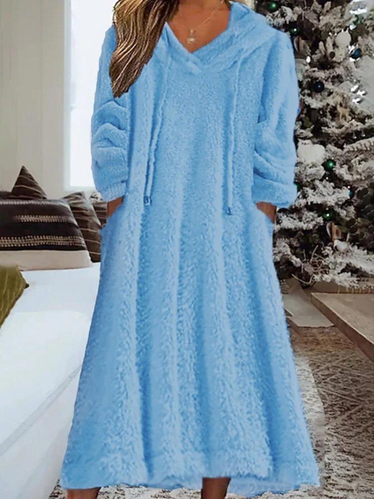 Women's Long Sleeve Round Neck Casual Loose Warm Hooded Fleece Sweater Midi Dress