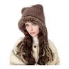 Women Hat Bear Ear Design Thickened Plush Ear Protection Hat Skiing Camping Travel Autumn Winter Headwear