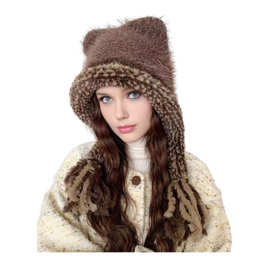 Women Hat Bear Ear Design Thickened Plush Ear Protection Hat Skiing Camping Travel Autumn Winter Headwear