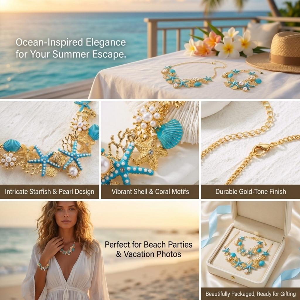Imitation Pearl Blue Enamel Starfish Shell Coral Necklace Bracelet Set For Women Men Summer Sea Animal Beach Party Jewelry Set
