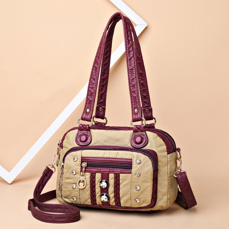 Fashionable Braided Women's Handbag Color-blocking Rivet Pleated Large Capacity Women's Shoulder Bag Back Anti-theft Zipper