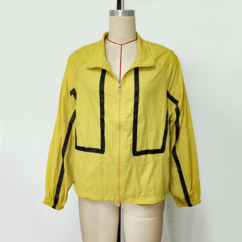 Herbst Damen Sonnenbekleidung Revers Gestreiftes Splicing Locker Langärmlig Reißverschluss Dünne Jacke