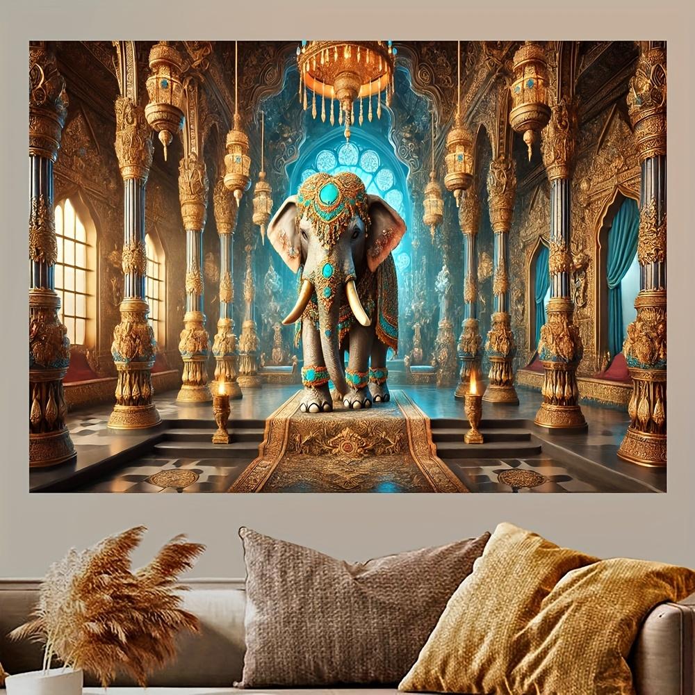 

Royal Elephant Palace Wall Art Indian Temple Decor Golden Interior Design Luxury Home Decor Exotic Animal Mural Living Room 74x94cm(29x37in)