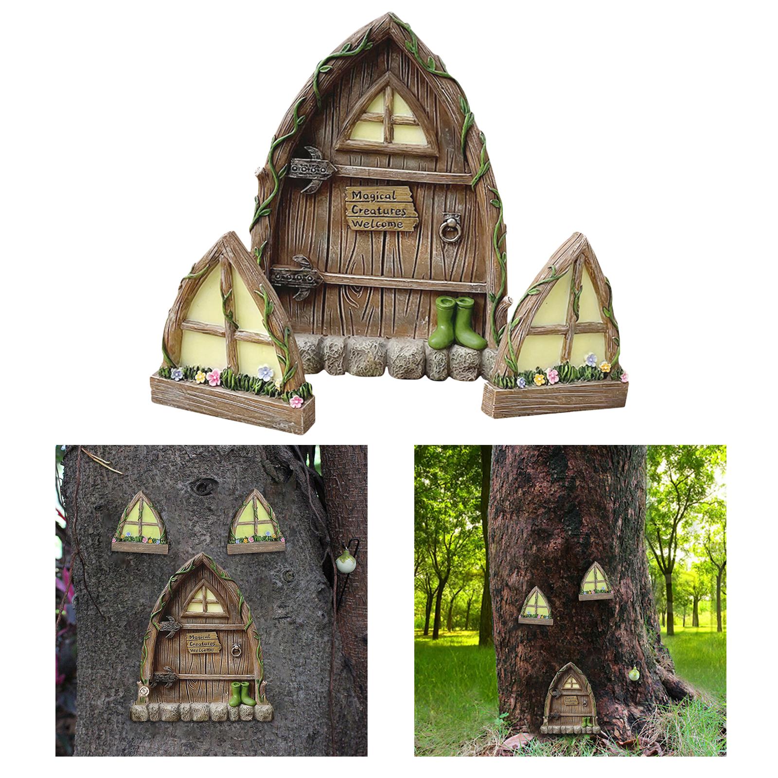 

Fityle Miniature Fairy Window Door Elf House for Art Garden Decor Wall Trees коричневый