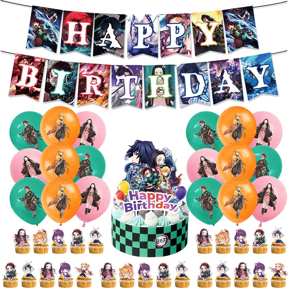 Demon Slayer Verjaardagsdecoraties Kimetsu No Yaiba Thema Anime Ballonnen Taarttoppers Sleutelhangers Verjaardagscadeaus voor Kinderen Babyborrel