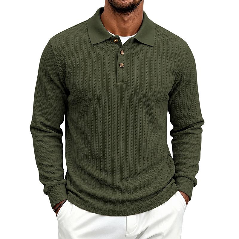 Men's Cable Knit Polo Shirt Long Sleeve Lapel Collar Button Casual Sweater Top Multi Color