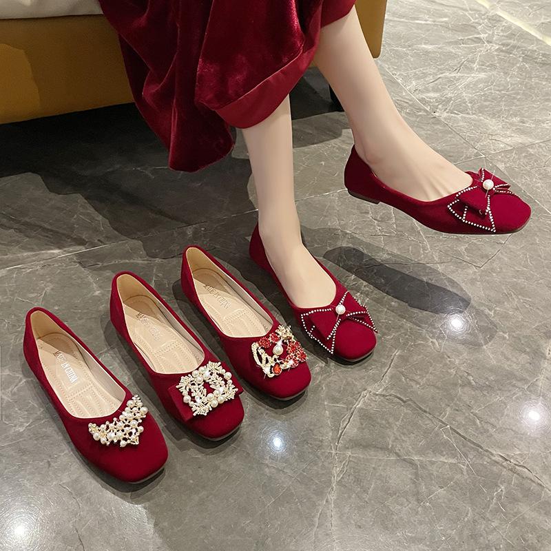 Xiuhe Red Non-slip Two-wear Bridal Shoes, Wedding Shoes, Women's Flat-bottomed Fashion Women's Shoes, Shallow-mouth Pregnant Women's Single Shoes, We