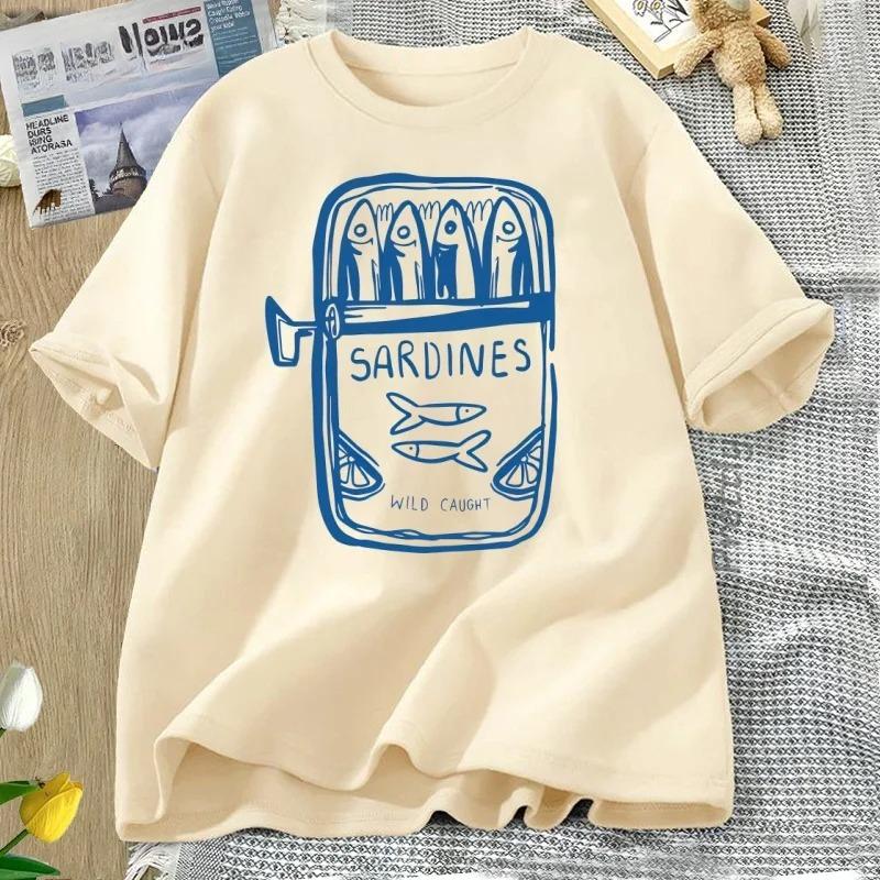 Sardine  Fisherman Beach Printed Short Sleeve Tshirt Casual Round Neck T Shirt Summer Casual Printed WomenT Shirt Clothing Tops