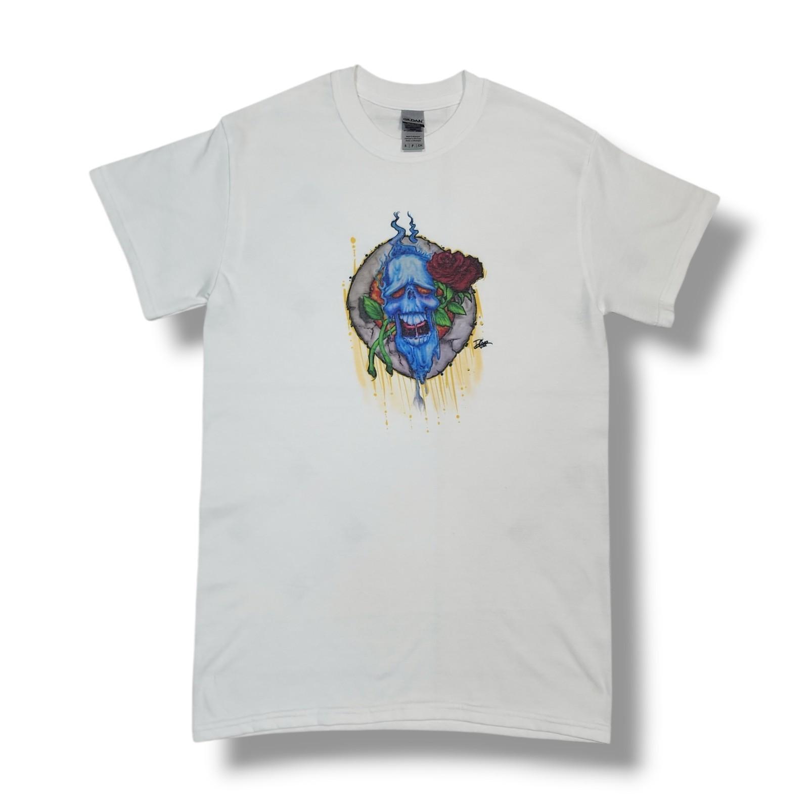Custom Airbrushed Blue Skull & Rose White Gildan T-Shirt Men s S S