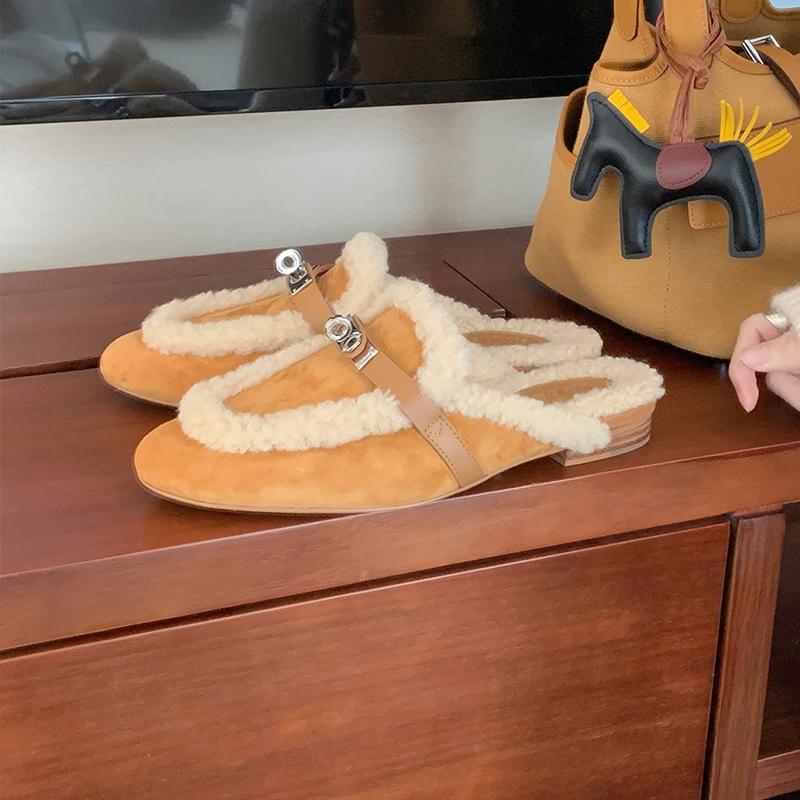 Lock bag head lamb wool slippers women's autumn and winter thick heel one pedal lazy half drag outside wear