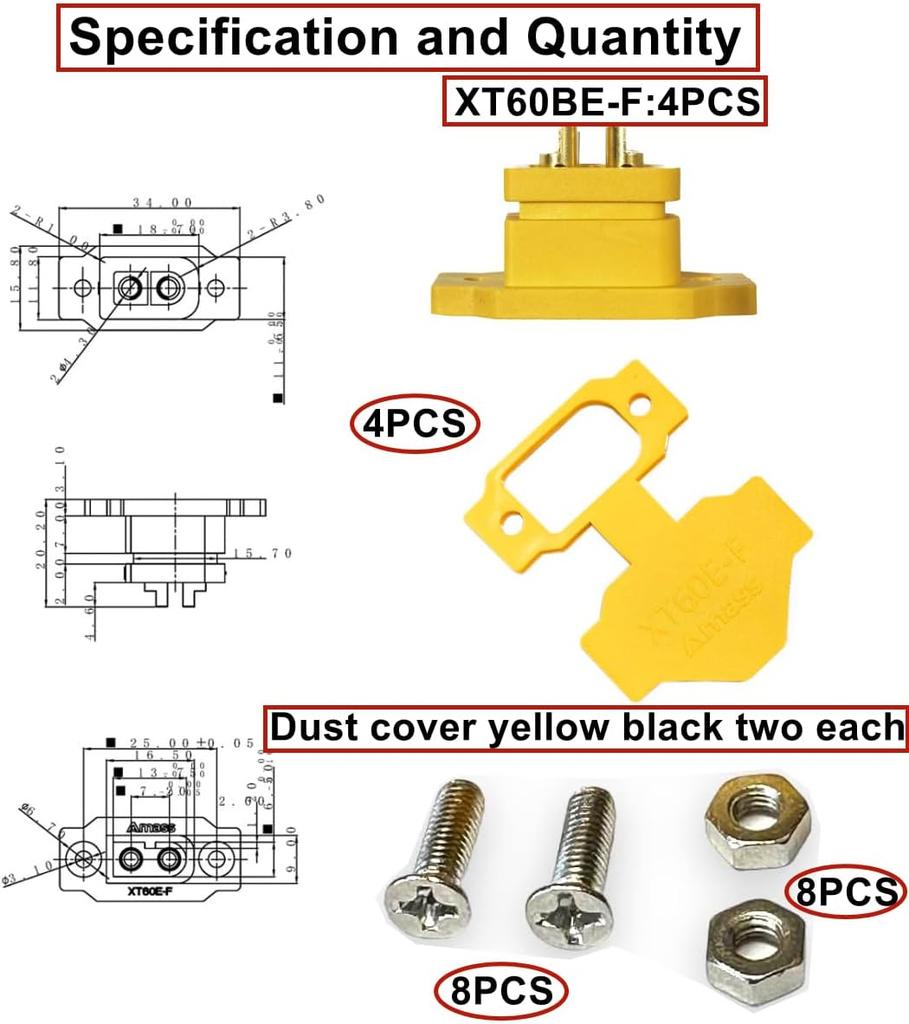 4 Pcs XT60E-F High Current Connectors with Rubber Cap and Waterproof Screws – XT60 Socket for RC FPV Lipo Batteries Drone, Cars