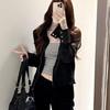 Women's Trendy Black Suede Stand Collar Retro Jacket for Spring, Autumn, and Winter