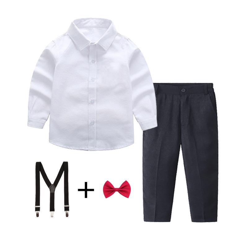 Boys' White and Blue Long-Sleeved Shirt & Black Long Pants Set Performance Costume