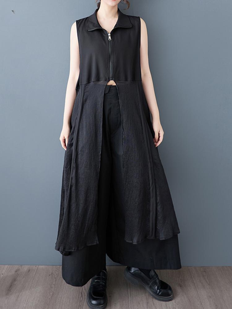 Xitao Patchwork Zipper Lapel Dress ZY8938