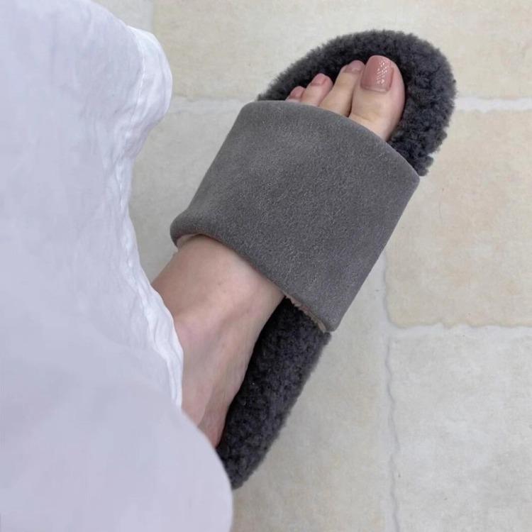 Sheepskin version~ New outer wear matte leather one-pedal fluffy shoes women's leather versatile thick-soled comfortable open-toed sandals