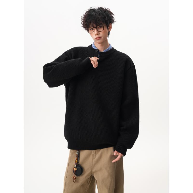 American Retro Henley Collar Button Sweater Men Women Winter Loose Slouchy Long Sleeve Base Pullover Knitwear