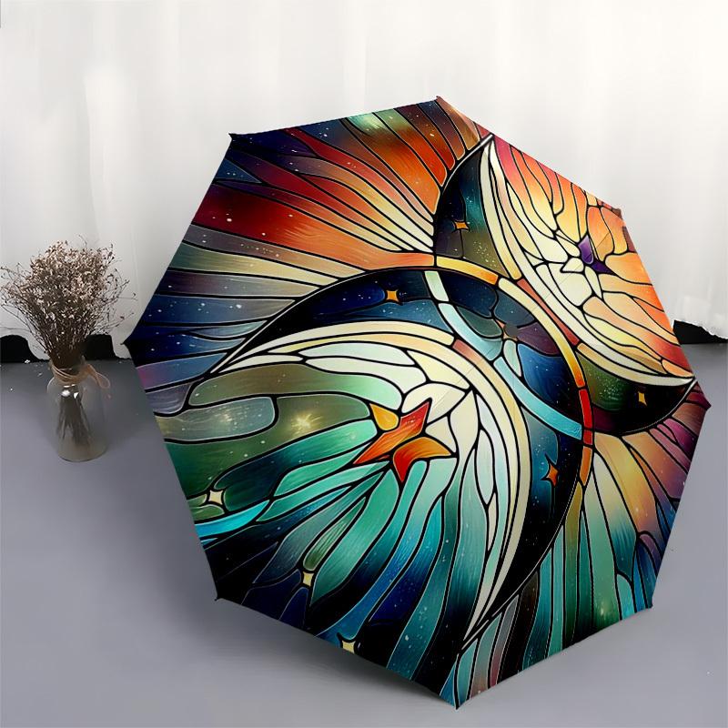 1pc Stained Glass Butterfly Auto-Folding Umbrella - Portable Tri-Fold Design with 8-Bone Iron Frame - Outdoor for Fans, Travelers, Everyday Use - Perf