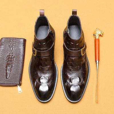 [On Sale] Men's Genuine Leather Crocodile Pattern High-Top Martin Boots, Trendy Business Style with British Pointed Toe and Zipper.