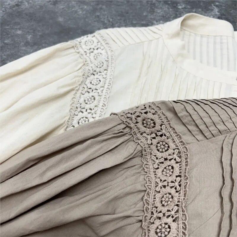 Johnature Fall Lace Panel Balloon Sleeve Long Sleeve Shirt Women Casual Mori Loose Autumn Female Tops Vintage Blouses