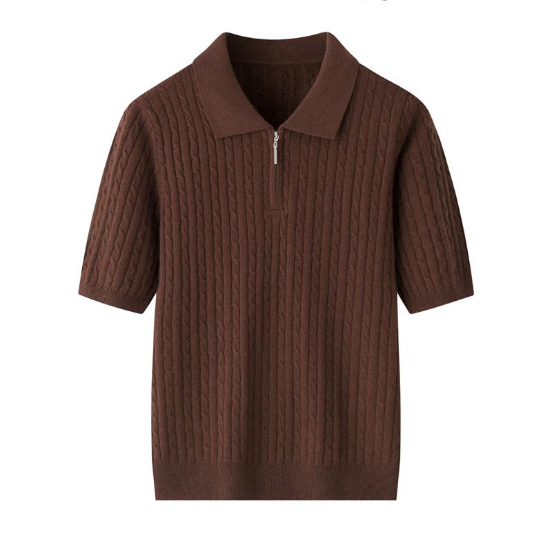 Korean Style Twisted Cable Knit Polo with Retro Cashmere Short Sleeves