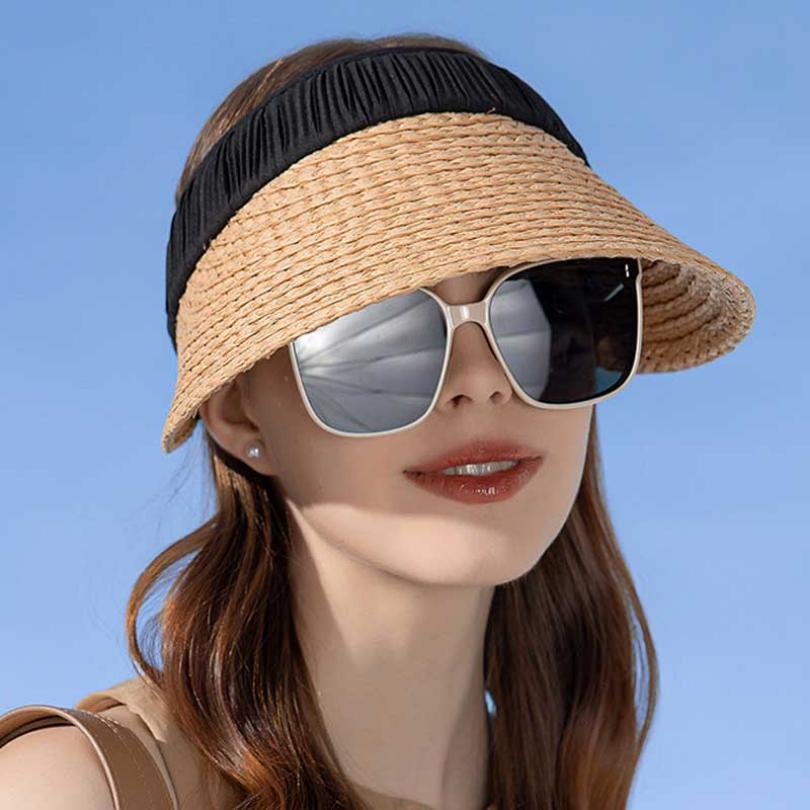 Designer Empty Top Hat Women Pleated Hair Hoop Spliced Breathable Straw Hat Outdoor Large Brim Sun Protection Summer Beach Cap