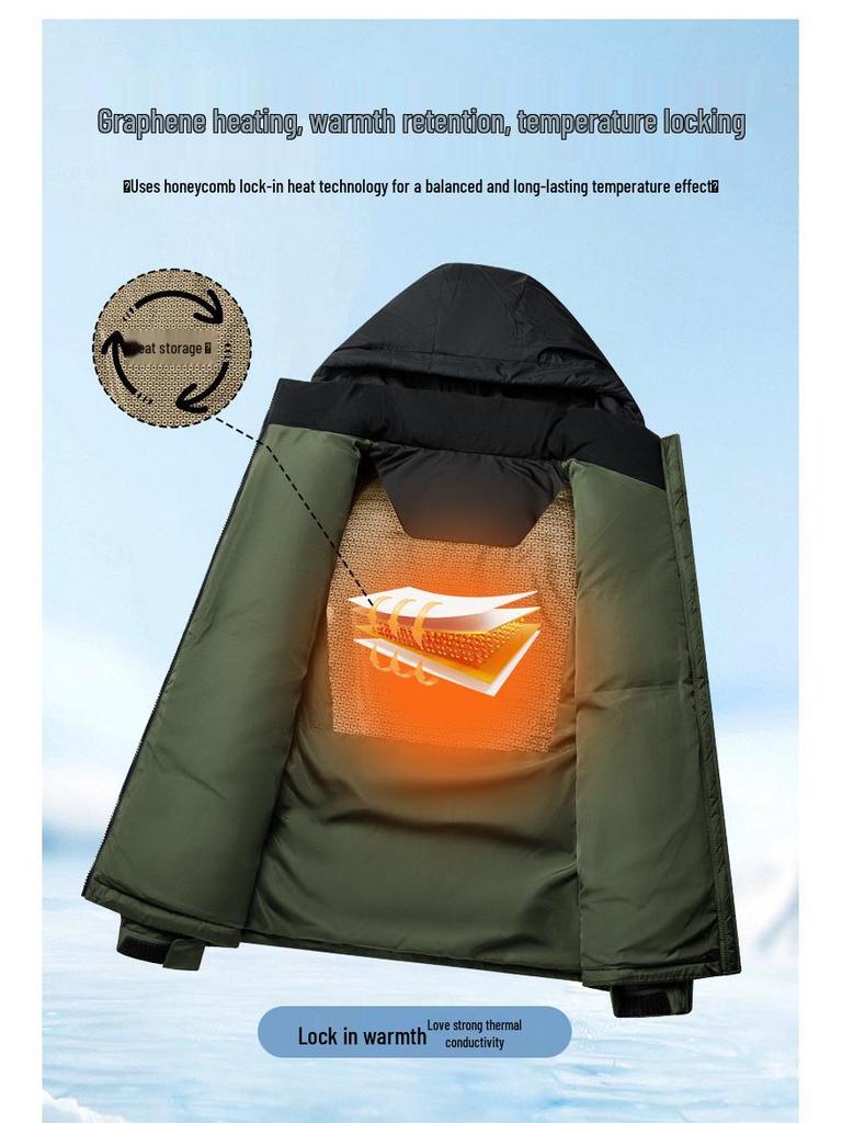 Men's Color Block Hooded Down Cotton Jacket with Wool Filling - Thick, Warm, Loose-Fit, Stand Collar Winter Coat