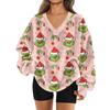 Women's Fashionable V-neck Christmas Printed Long Sleeved Casual Pullover Plush Warm Pocket Sweatshirt Top