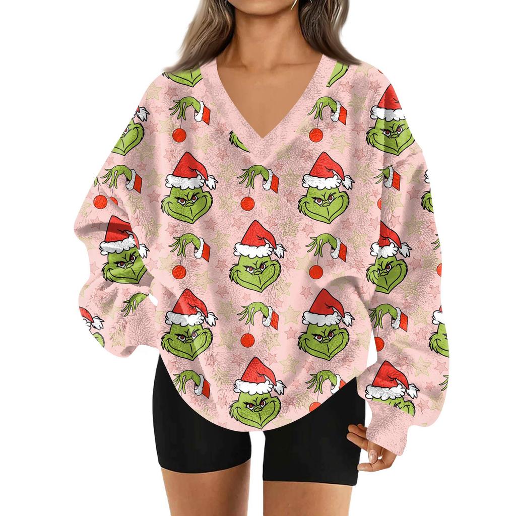 Women's Fashionable V-neck Christmas Printed Long Sleeved Casual Pullover Plush Warm Pocket Sweatshirt Top