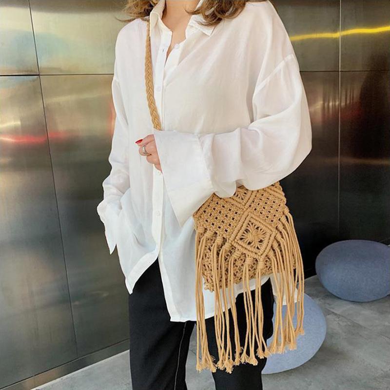 Yogodlns Bohemian Tassel Straw Bag Women Fashion Weave Handmade Crossbod Bag Summer Kintted Beach Handbag Vacation Lady Pouch