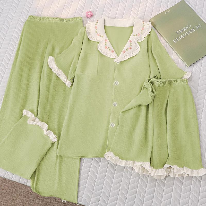 Small fresh solid color lace pajamas women's summer imitation cotton jacquard short-sleeved casual loungewear three-piece set