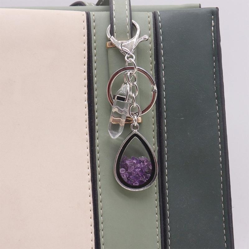 Natural Stone Crystals Teardrop Shape Photo Locket Keychain Featuring Diamonds Cut Designs for Sentimental Gifts
