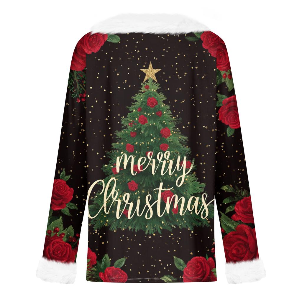 Kadın Günlük Moda Uzun Kollu Noel Baskılı Flanel Yakalı Üst