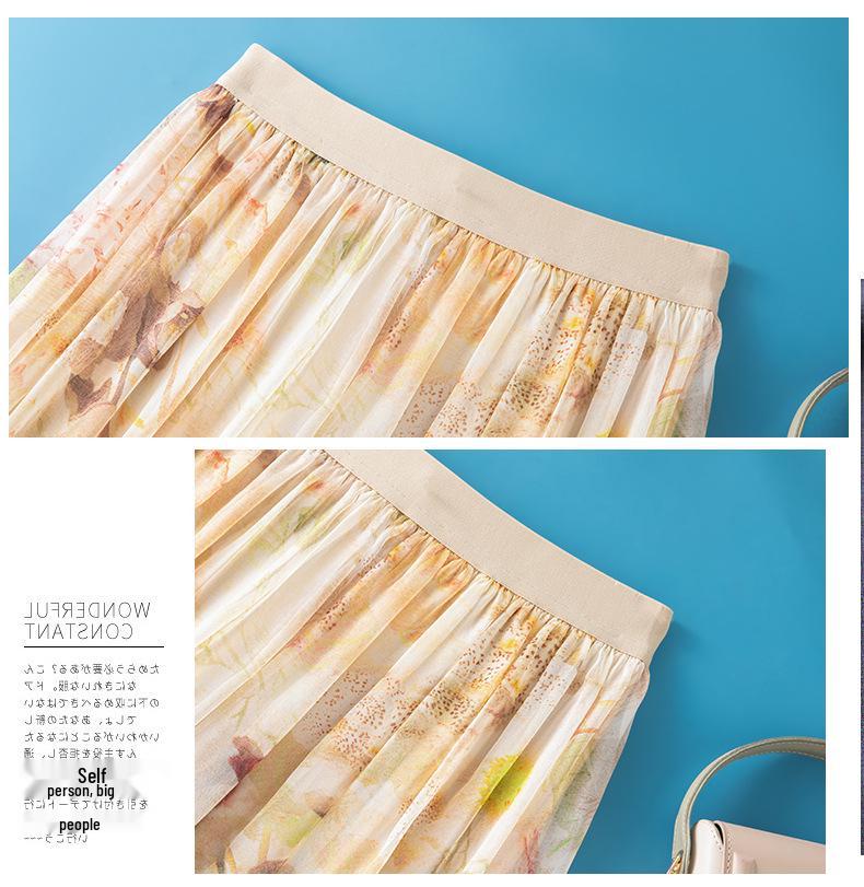 Elegant Apricot Silk Midi Skirt: Gentle Floral Print, Elastic Waist, Wide Hem - Perfect for Pear-Shaped Figures