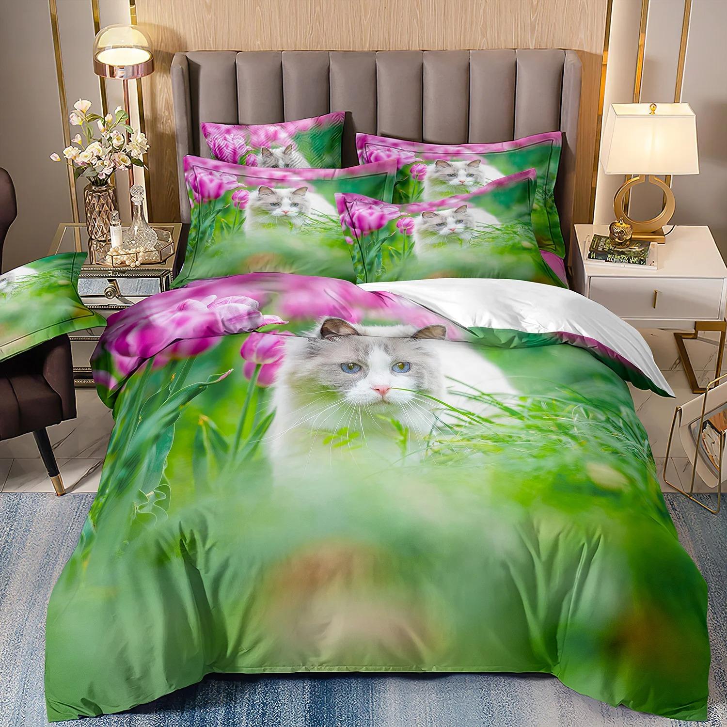 

Милый кошачий постельный комплект Домашнее украшение спальни Мальчик Девочка Пододеяльник Наволочка Детские комплекты одеял подарок 2/3 шт. 135x200cm