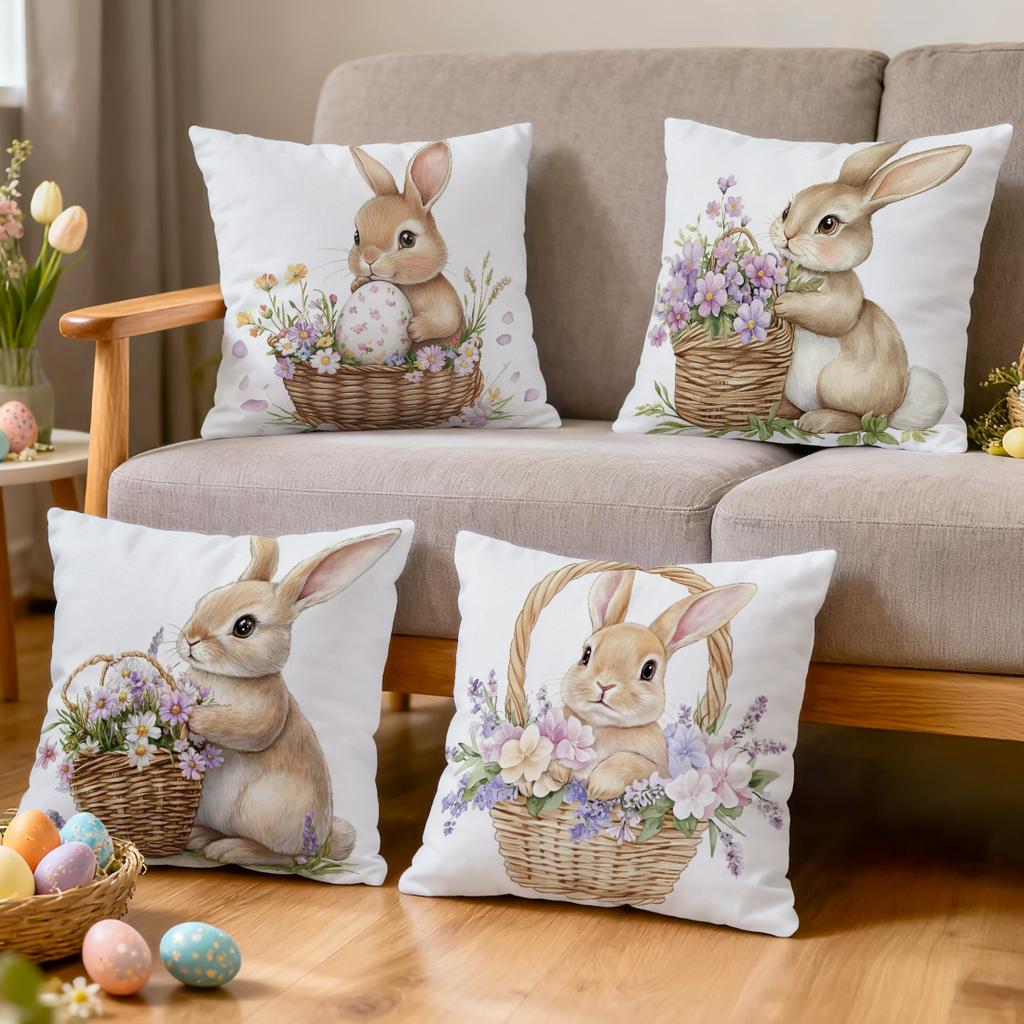 4 Pcs Rabbit Bamboo Basket Flower Design Single-Sided Printed Pillowcase For Home Bedroom Living Room Car Decor