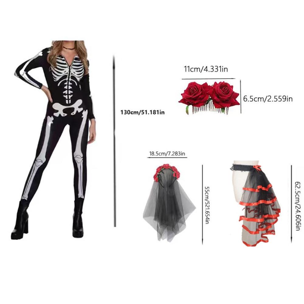 PESENAR Women Day of the Dead Costume Halloween Tie on Bustle Dia De Los Muertos Skeleton Catsuit Skull Veil Mask