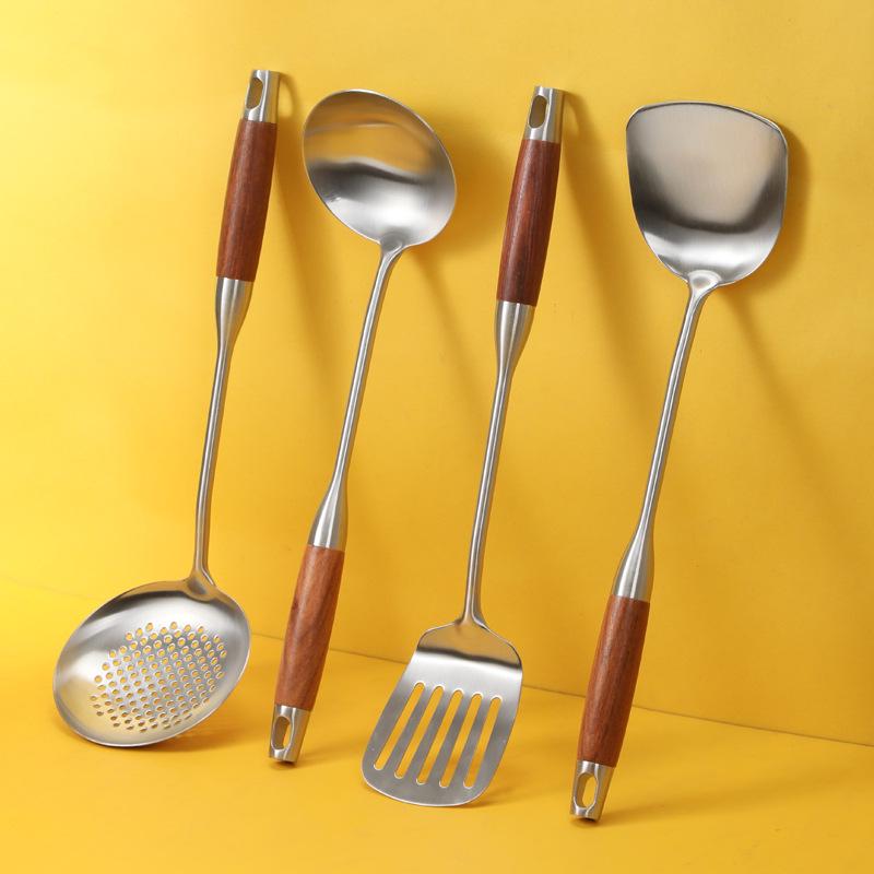 Four-Piece Spatula Set: 304 Stainless Steel & Pear Wood, Anti-Scald Long Handles for Stir-Fry Cooking