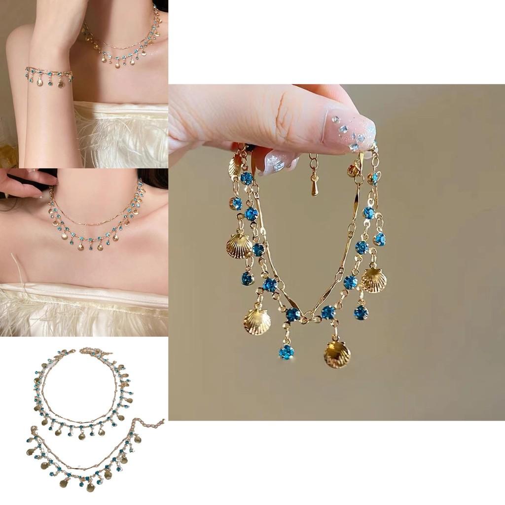 Artistic Blue Shell Necklace With Zircon Elements Exquisite Geometric Design For Women